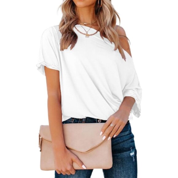 Womens Off Shoulder Shirt Summer Casual Loose Short Sleeve Top - Picture 2 of 5